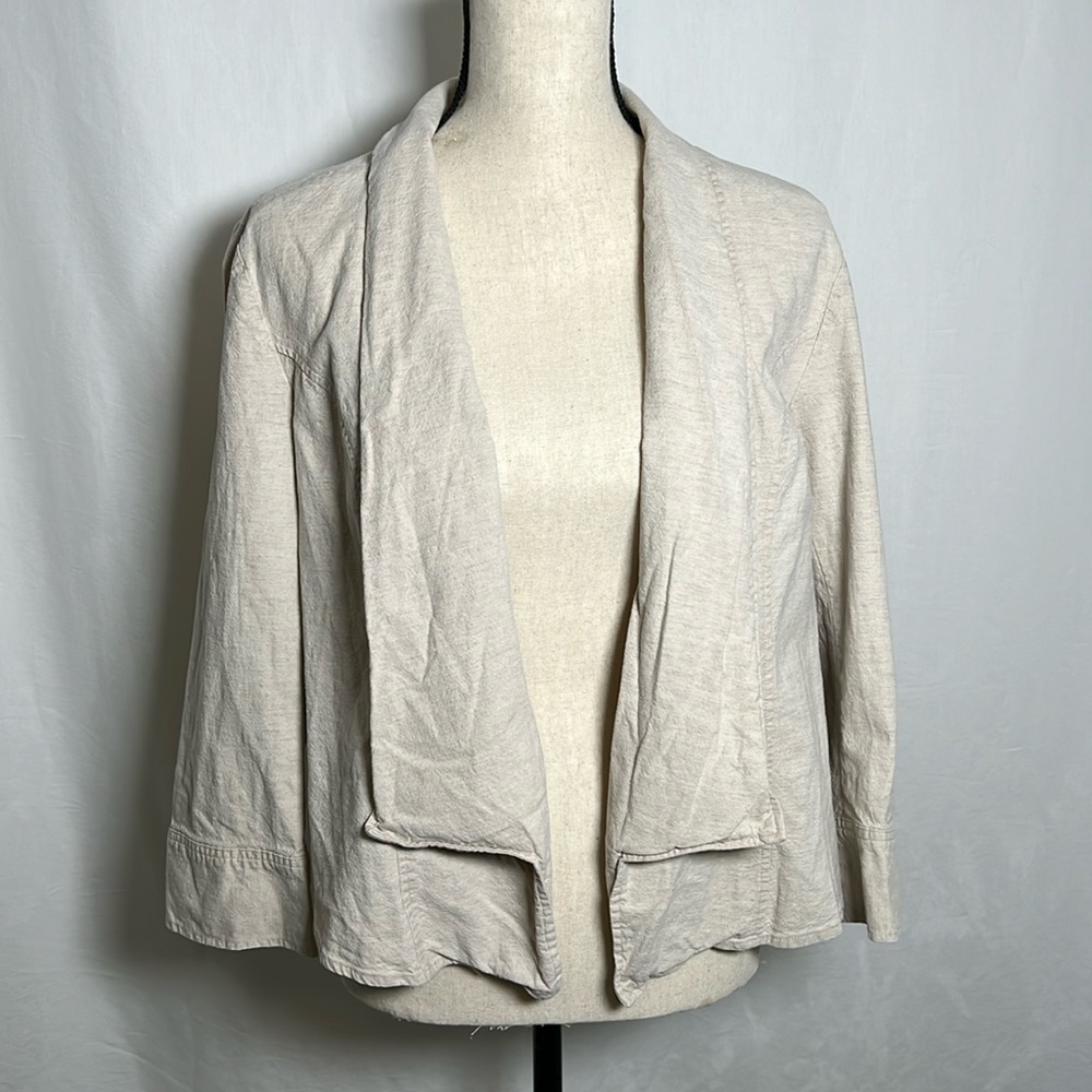 Lane Bryant Size 16 Open Front Linen Rayon Spandex Blend Jacket 3/4 Sleeves Tan